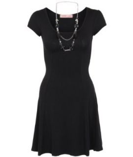 Womens Scoop Neck Jersey Flared Skater Mini Dress Long Tunic Top Size Necklace