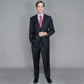 Solid Black 2 button Wool And Silk Blend Suit