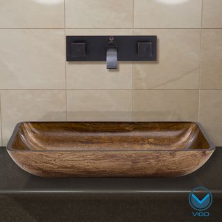 Vigo Rectangular Amber Sunset Glass Vessel Sink And Wall Mount Faucet In Antique Rubbed Bronze