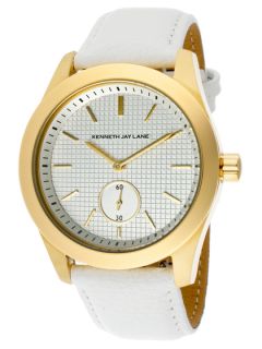 Womens Gold & White Leather Watch by Kenneth Jay Lane