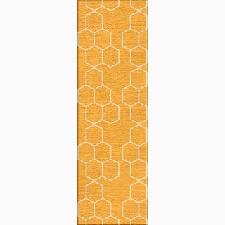 Hand made Geometric Pattern Yellow/ Ivory Wool Rug (2.6x8)