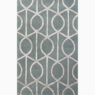 Hand made Geometric Pattern Blue/ Gray Wool/ Art Silk Rug (5x8)