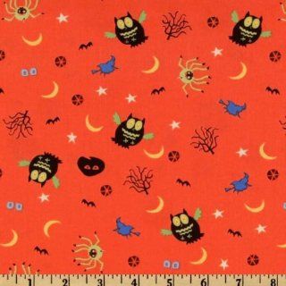 44'' Wide Hallmark Occasions Fall Fright Owls and Spiders 2010 Orange Fabric By The Yard