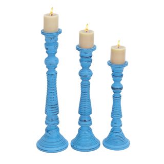 Set Of 3 Contemporary Wood Candle Holders With Wide Bases