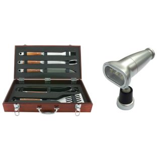 Mr. Bar b q Forged 5 piece Grill Tool And Light Bundle With Wood Carrying Case