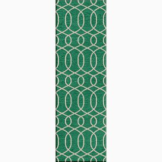 Hand made Geometric Pattern Green/ Ivory Wool Rug (2.6x8)