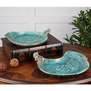 Galiana Teal Rooster Ceramic Tray (set Of 2)
