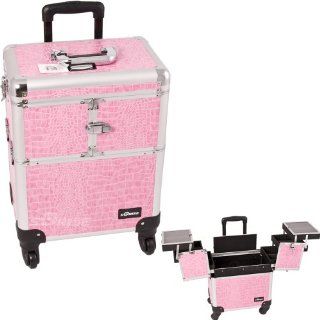 21 inch Pink Crocodile Interchangeable E Series 360 Rotation Aluminum 3 Extendable Tier Train Case Cosmetic Storage Organizer Professional Makeup Artist Wheeled Luggage  Beauty