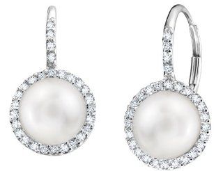 Pearl Earrings with Diamonds 1/5 Carat (ctw) in 14K White Gold Jewelry