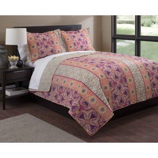 Bohemian Orange/purple Floral 3 piece Quilt Set