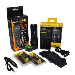 FENIX TK35 U2 860 Lumen Tactical LED Flashlight with 2 x Nitecore NL183 18650 Li ion rechargeable batteries, 4 X EdisonBright CR123A Lithium batteries, Nitecore i2 smart battery charger, in car Charger adapter, Holster & Lanyard complete bundle   Led H