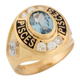 10k Two Tone Gold Synthetic Aquamarine CZ March Birthstone Pisces Zodiac Ring Right Hand Rings Jewelry