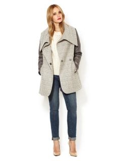 Alba Tweed and Faux Leather Combo Coat by T. Tahari