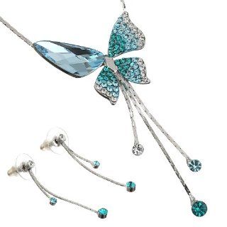 Swarovski Crystallized Elements Butterfly jewellery Set. 14K Gold Plated Flat chain inlaid with Swarovski crystals. Dangling Matching earrings Jewelry