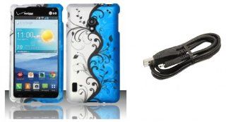 LG Lucid 2 VS870   Accessory Combo Kit   Black Midnight Vines on Blue and Silver Design Shield Case + Atom LED Keychain Light + Micro USB Cable Cell Phones & Accessories
