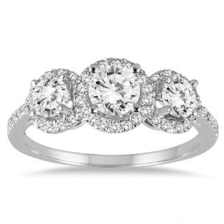 1 1/3 Carat Diamond Three Stone Halo Ring in 14K White Gold SZUL Jewelry