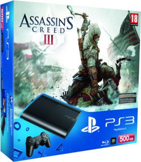 PS3 New Sony PlayStation 3 Slim Console (500 GB)   Black   Includes Assassins Creed 3      Games Consoles