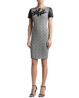Womens Prince of Wales Plaid Knit Short Sleeve Sheath Dress with Leather   St.