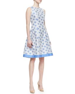 Womens Sleeveless Abstract Floral Print Cocktail Dress, White/Light Blue  
