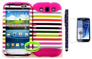 Hybrid Impact Rugged Cover Case Colorful Stripes Candy Pattern Hard Plastic Snap on for Samsung Galaxy Slll S3 Fits Sprint L710, Verizon I535, At&t I747, T mobile T999, Us Cellular R530, Metro PCS and All on Pink Skin(wireless Fones Wristband,screen Pr