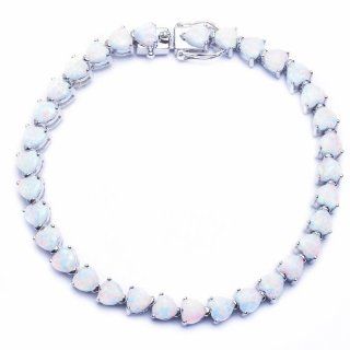 Lab Created White Opal Heart .925 Sterling Silver Bracelet 7.5" Jewelry