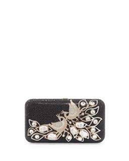 Smooth Rectangle Crystal Peacock Clutch, Jet Black Multi   Judith Leiber Couture