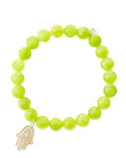 8mm Smooth Lime Jade Beaded Bracelet with 14k Yellow Gold/Diamond Medium Hamsa