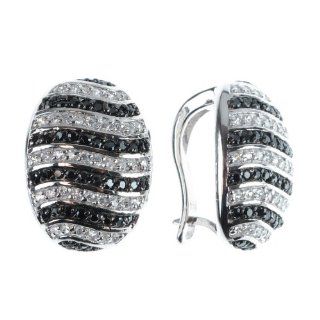 Fine Cubic Zirconia Black and White Pave Stripe Earrings, 925 Sterling Silver Jewelry