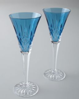 Two Lismore Jewels Aquamarine Toasting Flutes   Waterford Crystal
