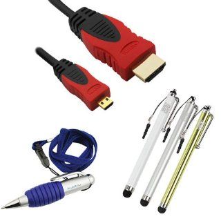 BIRUGEAR 6FT (Red / Black) Gold Plated Micro HDMI Cable + 3 Packs of Stylus Pen (Silver / Orange / White) + Pen with Neckstrap Lanyard for Blackberry Z10 ; Samsung ATIV Smart PC Pro 700T, ATIV Smart PC 500T, ATIV TAB, Galaxy S Lightray 4G / SCH R940 Elect