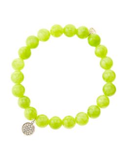 8mm Smooth Lime Jade Beaded Bracelet with Mini Yellow Gold Pave Diamond Disc