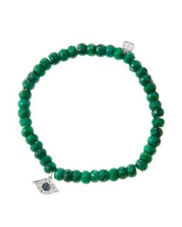 6mm Faceted Emerald Beaded Bracelet with 14k White Gold/Diamond Small Evil Eye
