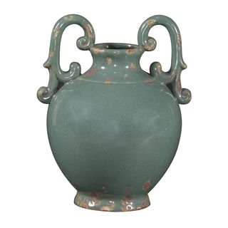 Glossy Aged Blue Glaze W/rustic Accents Ceramic Urn With Handles