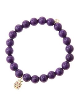 8mm Purple Mountain Jade Beaded Bracelet with 14k Gold/Diamond Medium Ladybug