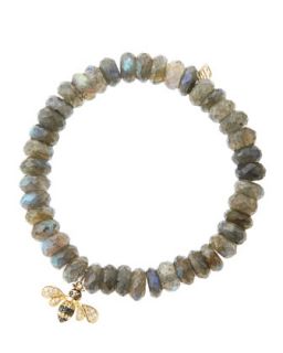 8mm Faceted Labradorite Beaded Bracelet with 14k Gold/Diamond Bee Charm (Made