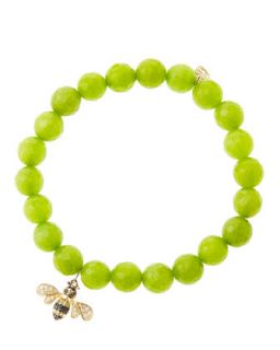 8mm Faceted Lime Jade Beaded Bracelet with 14k Gold/Diamond Bee Charm (Made to