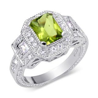 Classic Beauty 1.50 carats total weight Radiant Cut Peridot & White CZ Size 6 Gemstone Ring in Sterling Silver Rhodium Nickel Finish Peora Jewelry