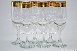 Italian 7.5 inches Champagne Flute Wine Glass 14K Gold Rim Fleur De Lis Pattern, Set Of 6 Glasses Free Ship. GS916 ITE Kitchen & Dining