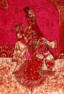 Hindu God Lord Krishna & Goddess Radha Indian Batik Tapestry Fabric Wall Decor Hanging 44" X 32"  