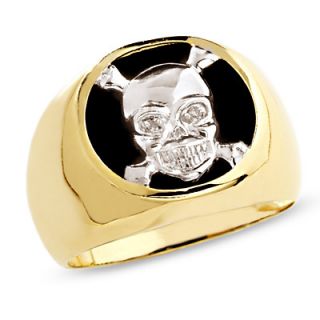 Mens Onyx Skull and Crossbones Ring in 10K Gold with Diamond Accents