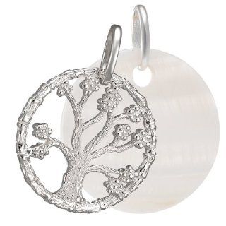 VINANI brand Germany 925 Sterling Silver Pendant Tree of Life matte shiny with Disc Natural Shell 30 mm (1.18") ABAW EZ Jewelry