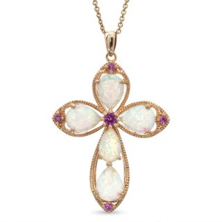 Pear Shaped Lab Created Opal and Pink Sapphire Cross Pendant in