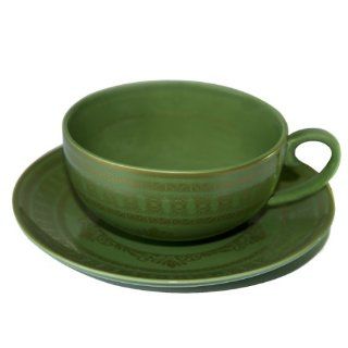 Pack of 4 Teaveda "Pitta" Green and Gold Porcelain Tea Cup and Saucer Sets 6oz. Teacup With Saucer Kitchen & Dining