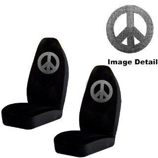 White Peace Sign Symbol Logo Gem Crystal Studded Rhinestone Bling Car Truck SUV Front Universal Fit Bucket Seat Covers   PAIR Automotive
