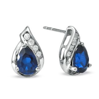 Pear Shaped Lab Created Blue and White Sapphire Earrings in 10K White