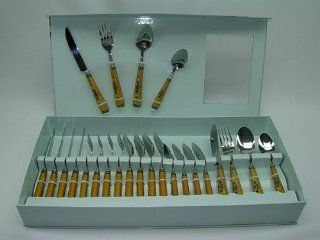 Fabulous Threestar 24 Piece Flatware Set, Royal Gold And Black Decor Service For 6 Stainless Steel Kitchen & Dining