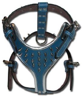 1 1/4" Spiked Blue Leather Harness w/ Silver Round Edges   Medium (Fits neck size 17" 24") (Body size 27" 33")  Pet Harnesses 