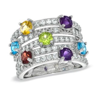 Multi Gemstone and Lab Created White Sapphire Ring in Sterling Silver
