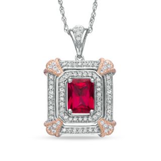 Emerald Cut Lab Created Ruby and White Sapphire Pendant in Two Tone