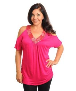 Stanzino Women's Plus Size Sequined V neck Top with Cut out Shoulder Detail fuchsia 3XL